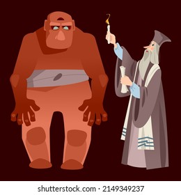 Judah Loew Ben Bezalel A Rabbi Of Prague Revives  Golem (anthropomorphic Being In Jewish Folklore Created From Clay Or Mud). Vector Illustration

