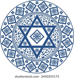 Judaica art blue retro mandala. David star design illustration