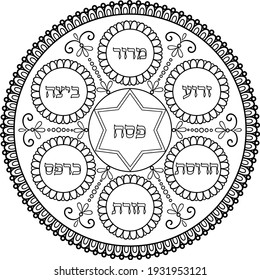 Judaica Pesah traditional meal plate coloring page. Black on transparent outline mandala with hebrew text Passover,egg, shank bone,charoset, horse-radish, parsley, bitter herbs