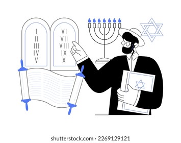 Judaism abstract concept vector illustration. Judaism monotheistic religion, orthodox jewish, star of david, torah scroll in synagogue, oldest faith, kippah, hanukkah menorah abstract metaphor.