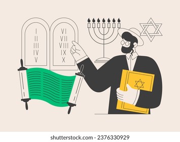 Ilustración vectorial de concepto abstracto del judaísmo. Religión monoteísta del judaísmo, judaísmo ortodoxo, estrella de david, pergamino en sinagoga, fe más antigua, kippa, metáfora abstracta de hanukkah menorah.