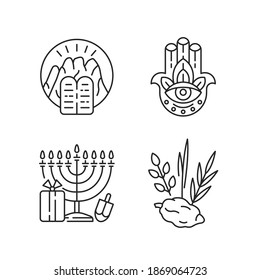 Judaism beliefs linear icons set. Stone Tablets. Hamsa Hand. Nine-branched menorah. Four species. Customizable thin line contour symbols. Isolated vector outline illustrations. Editable stroke