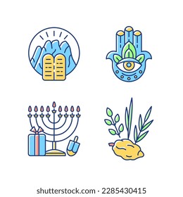 Judaism beliefs RGB color icons set. Stone Tablets. Hamsa Hand. Nine-branched menorah. Four species. Ten Commandments at Mount Sinai. God hand. Hanukkah celebration. Isolated vector illustrations