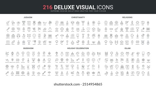 Judaism and Christianity, Islam and Buddhism, worship and world religion line icon set. Food and religious elements for celebration of public holidays thin black outline symbols vector illustration