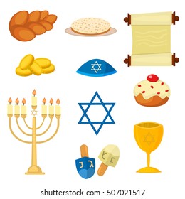 Judaism church traditional hanukkah jewish icons set. Various jewish symbols and items hanukkah celebration flat icons set isolated vector. Jewish hanukkah church traditional religious.