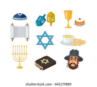 Judaism church traditional symbols icons set and jewish symbols isolated vector illustration