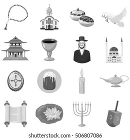 Judaism church traditional symbols icons set. Gray monochrome illustration of 16 judaism church traditional symbols vector icons for web