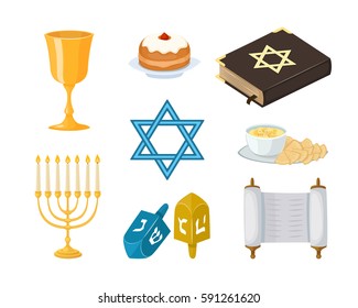 Judaism church traditional symbols icons set 