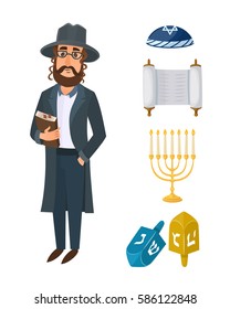 Judaism church traditional symbols isolated hanukkah religious design and synagogue passover hebrew character torah menorah holiday jew vector illustration.