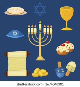 Judaism church traditional symbols jewish hanukkah vector illustration. Jewish hanukkah church traditional religious menorah, gift box, dreidel and sufganiyot.