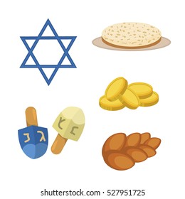 Judaism church traditional symbols jewish hanukkah set. Various jewish symbols and items hanukkah celebration flat icons vector. Jewish hanukkah church traditional religious.