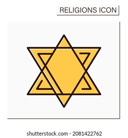 Judaism color icon.Abrahamic, ethnic religion.Religious, cultural, and legal tradition of Jewish people. Hebrew, the star of David symbol.Religion concept. Isolated vector illustration