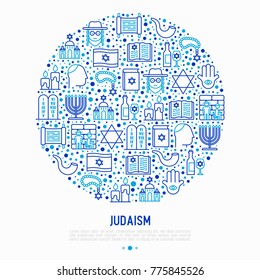 Judaism concept in circle with thin line icons: Orthodox jew, star of David, sufganiyot, hamsa, candles, synagogue, skullcap, rosary, Western Wal, Tanakh. Vector illustration, template for web page.