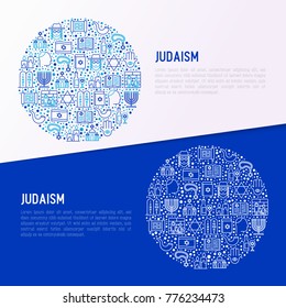 Judaism concept in circle with thin line icons: Orthodox jew, star of David, sufganiyot, hamsa, candles, synagogue, skullcap, rosary, Western Wal, Tanakh. Vector illustration, template for web page.