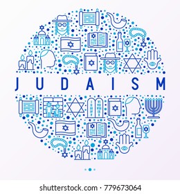 Judaism concept in circle with thin line icons: Orthodox jew, star of David, sufganiyot, hamsa, candles, synagogue, skullcap, rosary, Western Wal, Tanakh. Vector illustration, template for web page.