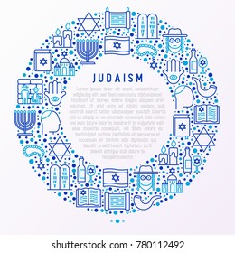 Judaism concept in circle with thin line icons: Orthodox jew, star of David, sufganiyot, hamsa, candles, synagogue, skullcap, rosary, Western Wal, Tanakh. Vector illustration, template for web page.