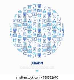 Judaism concept in circle with thin line icons: Orthodox jew, star of David, sufganiyot, hamsa, candles, synagogue, skullcap, rosary, Western Wal, Tanakh. Vector illustration, template for web page.