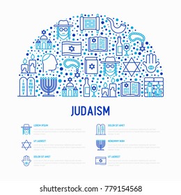 Judaism concept in half circle with thin line icons: Orthodox jew, star of David, sufganiyot, hamsa, candles, synagogue, skullcap, rosary, Western Wal, Tanakh. Vector illustration.