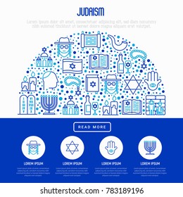 Judaism concept in half circle with thin line icons: Orthodox jew, star of David, sufganiyot, hamsa, candles, synagogue, skullcap, rosary, Western Wal, Tanakh. Modern vector illustration.