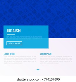 Judaism concept with thin line icons: Orthodox jew, star of David, sufganiyot, hamsa, candles, synagogue, skullcap, rosary, Western Wal, Tanakh. Modern vector illustration, template for web page.