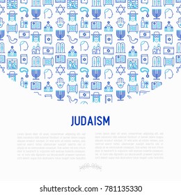 Judaism concept with thin line icons: Orthodox jew, star of David, sufganiyot, hamsa, candles, synagogue, skullcap, rosary, Western Wal, Tanakh. Modern vector illustration, template for web page.