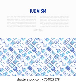 Judaism concept with thin line icons: Orthodox jew, star of David, sufganiyot, hamsa, candles, synagogue, skullcap, rosary, Western Wal, Tanakh. Modern vector illustration, template for web page.