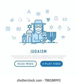 Judaism concept with thin line icons: Orthodox jew, star of David, sufganiyot, hamsa, candles, synagogue, skullcap, rosary, Western Wal, Tanakh. Modern vector illustration, web page template.