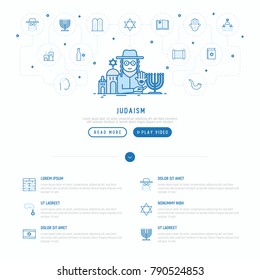Judaism concept with thin line icons: Orthodox jew, star of David, sufganiyot, hamsa, candles, synagogue, skullcap, rosary, Western Wal, Tanakh. Modern vector illustration, web page template.