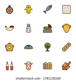 Judaism filled outline icons set, line vector symbol collection, linear colorful pictogram pack. Signs, logo illustration, Set includes icons as jewish holiday hanukkah, david star, food and drinks 