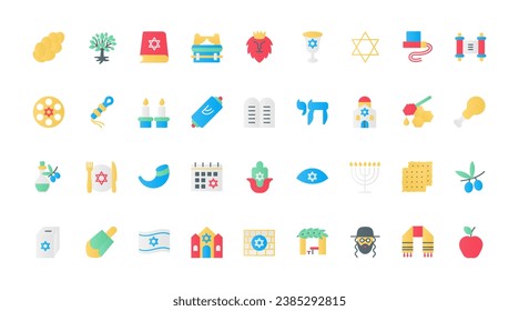 Judaism flat icons set vector illustration. Israel religion symbols with Hanukkah and Jewish synagogue, Star of David and Torah scroll, rabbi and challah bread, hamsa and dreidel.