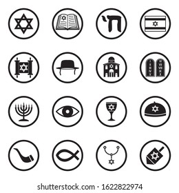 Judaism Icons. Black Flat Design In Circle. Vector Illustration.