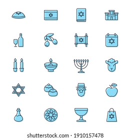 Judaism icons set, outline, glyph. filled vector symbol collection. Signs, logo illustration. Set includes icons as jewish holiday hanukkah, david star, food and drinks
