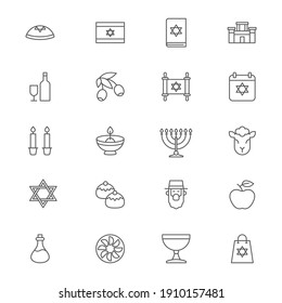 Symbole des Judentums setzen, Umriss, Glyphe. gefüllte Vektorsymbol-Sammlung. Zeichen, Logo-Illustration. Set enthält Symbole wie jüdische Ferien hanukkah, daviale Stern, Essen und Getränke