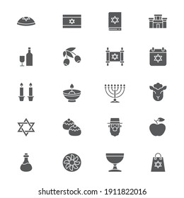 Judaism icons set, outline, glyph. filled vector symbol collection. Signs, logo illustration. Set includes icons as jewish holiday hanukkah, david star, food and drinks