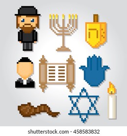 Judaism icons set. Pixel art. Old school computer graphic style. Games elements.