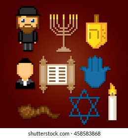 Judaism icons set. Pixel art. Old school computer graphic style. Games elements.