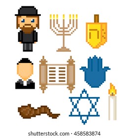 Judaism icons set. Pixel art. Old school computer graphic style. Games elements.