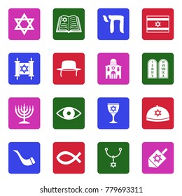 Judaism Icons. White Flat Design In Square. Vector Illustration. 