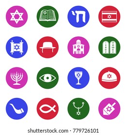 Judaism Icons. White Flat Design In Circle. Vector Illustration. 