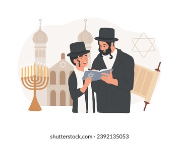 El judaísmo aislado concepto de ilustración vectorial. Religión monoteísta del judaísmo, judaísmo ortodoxo, estrella de david, pergamino en sinagoga, credo más antiguo, kippa, concepto de vector de la menorah del hanukkah.