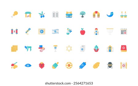 Judaism, Jewish culture, holidays and synagogue, religious objects of religion color icon set. Flag of Israel and rabbi, shofar and Torah scroll, menorah and hamsa flat elements vector illustration