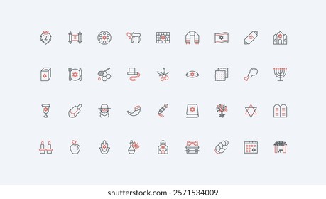 Judaism, Jewish holidays and culture, synagogue and prayers line icon set. Star of David and Torah, Sukkot celebration and food, Israel religion thin black and red outline symbols vector illustration