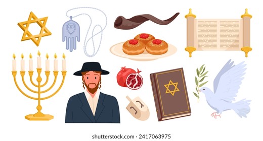 Judaism, Jewish religion and culture set. Hanukkah festival symbols and gifts collection with Menorah candle and gold star of David, Torah scroll and Orthodox Jew, dreidel cartoon vector illustration