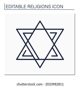 Judaism line icon.Abrahamic, ethnic religion.Religious, cultural, and legal tradition of Jewish people. Hebrew, the star of David symbol.Religion concept. Isolated vector illustration. Editable stroke