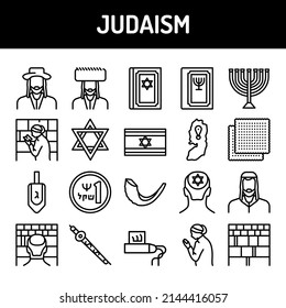 Judaism line icons set. Isolated vector element. Outline pictograms for web page, mobile app, promo. Editable stroke.