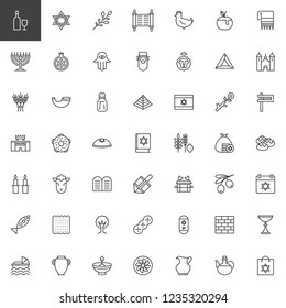 Judaism outline icons set. linear style symbols collection, line signs pack. vector graphics. Set includes icons as Magen david star, Hebrew olives, Holy Jewish Torah, Hanukkah menorah, Hamsa, Shabbat