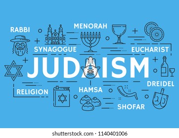 Judaism poster of Jewish religious symbols. Vector thin line design of David star and Torah Judaism religion book, rabbi synagogue or menorah, Eucharist or Hamsa and Shofar with Holy Grail icons