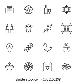 Conjunto de iconos de línea relacionados con el judaísmo, colección de símbolos de vector de contorno, paquete de pictogramas de estilo lineal. Señales, ilustración del logotipo. El juego incluye íconos como jewish navidad hanukkah, david star, comida y bebidas 