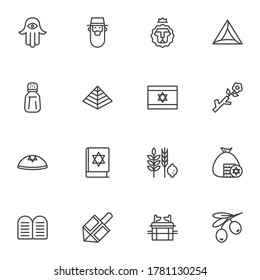 Judaism related line icons set, jewish hanukkah outline vector symbol collection, linear style pictogram pack. Signs, logo illustration. Set includes icons as Israel flag, torah book, david star