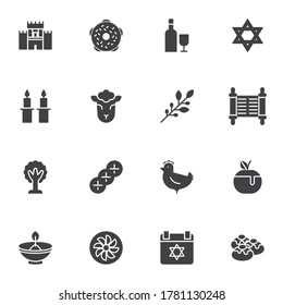 Conjunto de iconos vectoriales relacionados con el judaísmo, colección de símbolos sólidos modernos, paquete de pictogramas estilo relleno. Señales, ilustración del logotipo. El juego incluye íconos como jewish navidad hanukkah, david star, comida y bebidas 